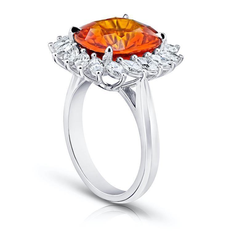 8.08 Carat Cushion Cut Orange Sapphire and Diamond Ring - David Gross Group