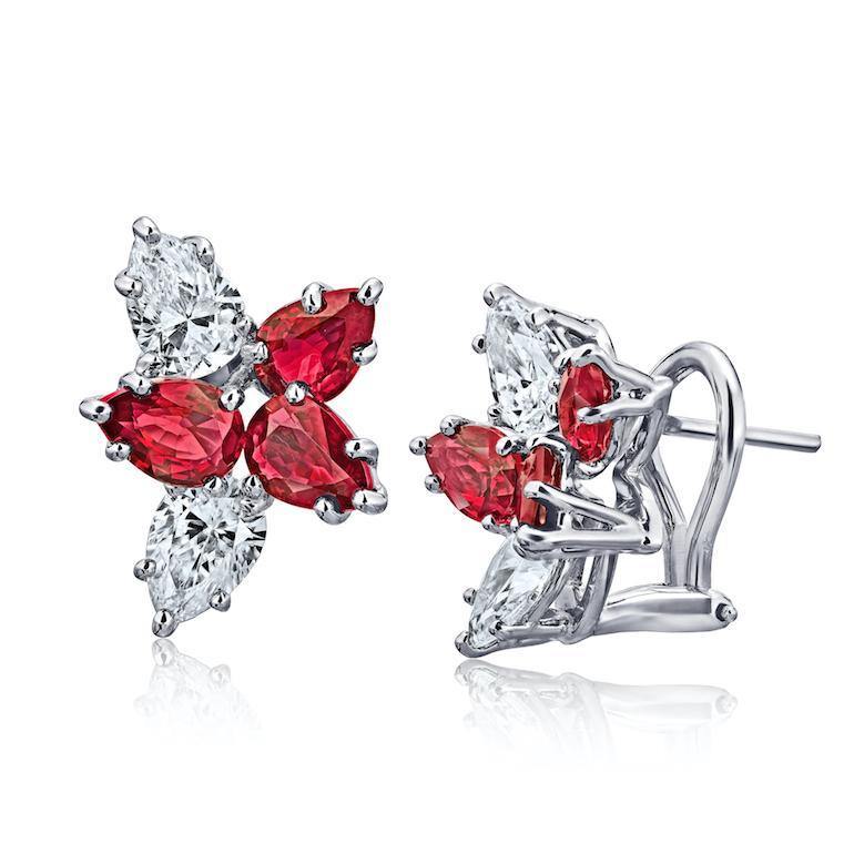 2.55 Carat Pear Shape Red Ruby and Diamond Cluster Earrings - David Gross Group