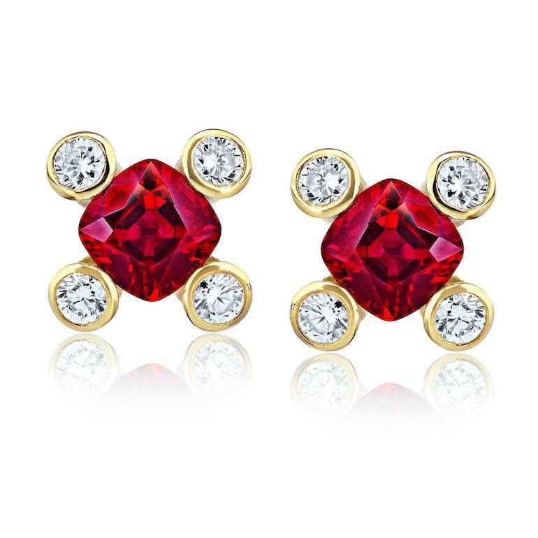 0.90 Carat Cushion Red Ruby and Diamond Earrings
