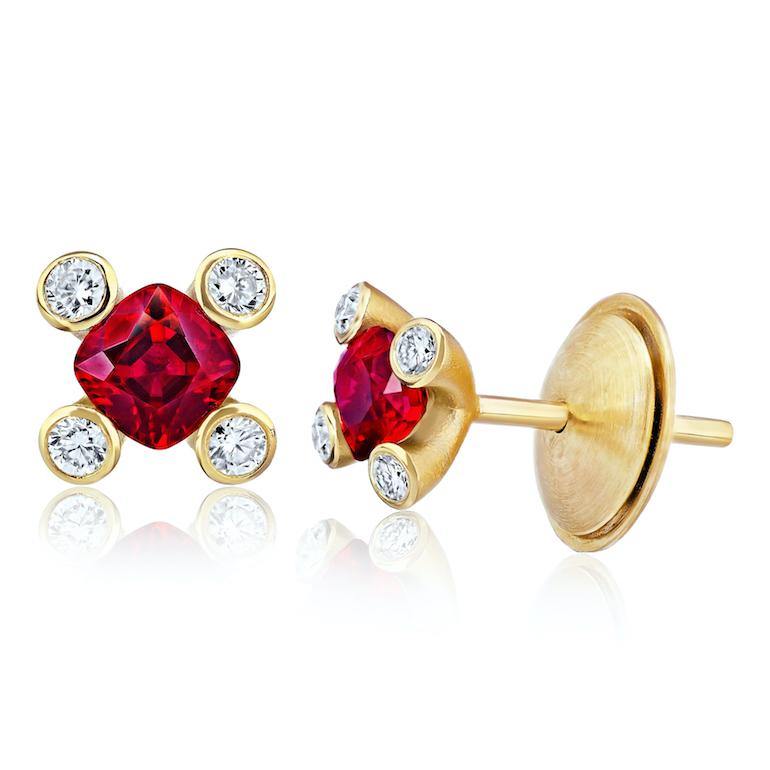 .90 Carat Cushion Red Ruby and Diamond Earrings - David Gross Group