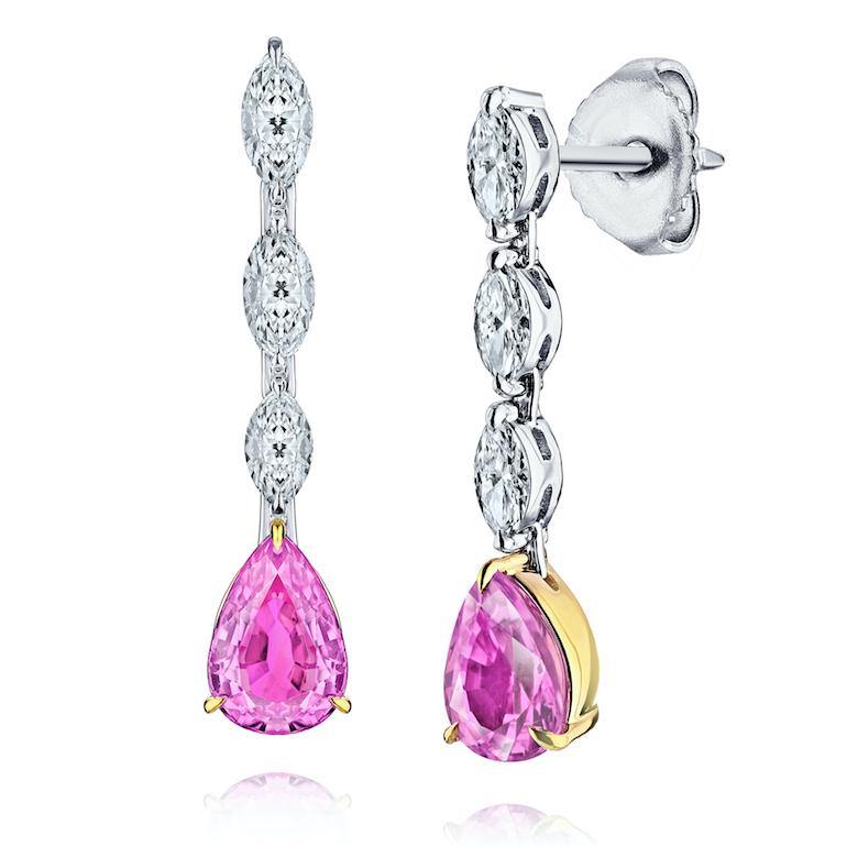 1.90 Carat Pear Shape Pink Sapphire and Diamond Earrings - David Gross Group