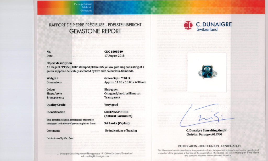 7.70 Carat Radiant Cut Green Sapphire and Diamond Ring - David Gross Group