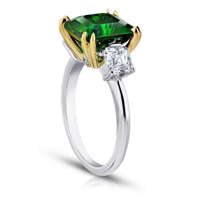 5.07 Carat Square Emerald Cut Green Tsavorite and Diamond Ring - David Gross Group