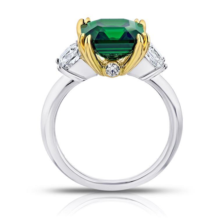 5.07 Carat Square Emerald Cut Green Tsavorite and Diamond Ring - David Gross Group