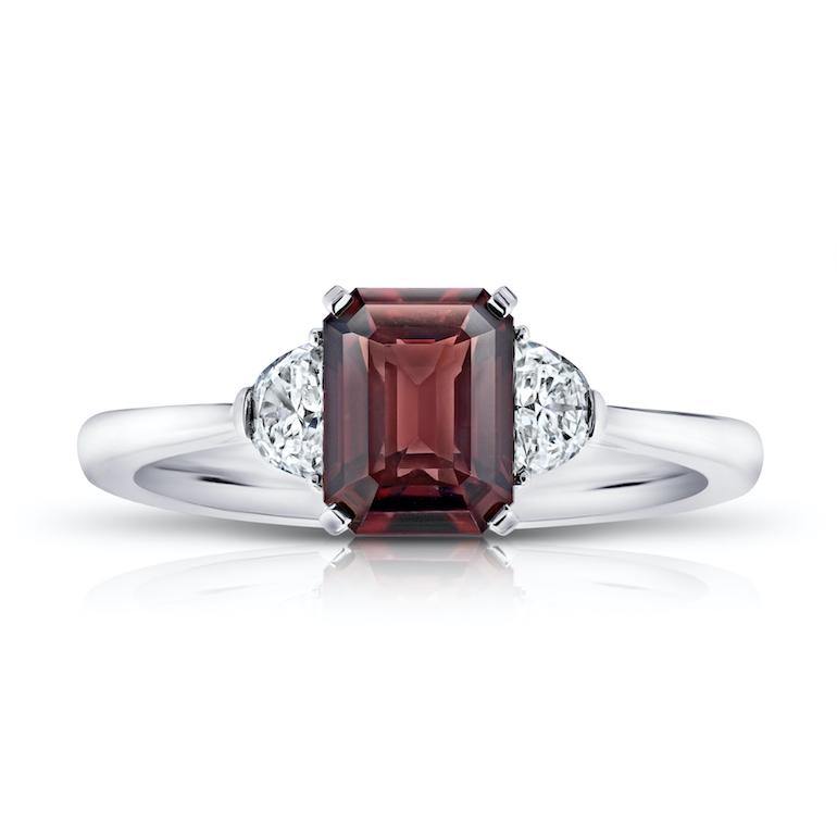 2.08 Carat Emerald Cut Reddish Brown Sapphire and Diamond Ring