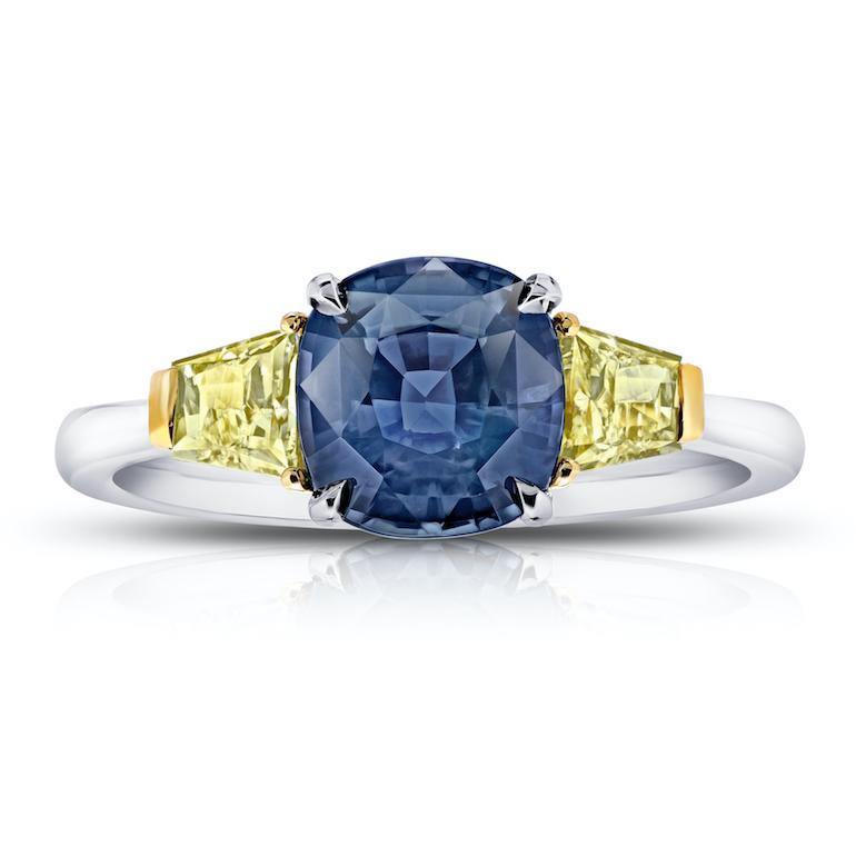2.44 Carat Cushion Greenish Blue Sapphire and Diamond Ring
