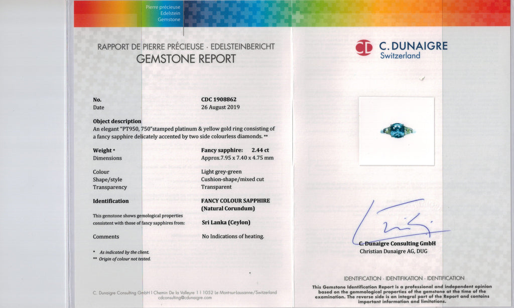 2.44 Carat Cushion Greenish Blue Sapphire and Diamond Ring - David Gross Group