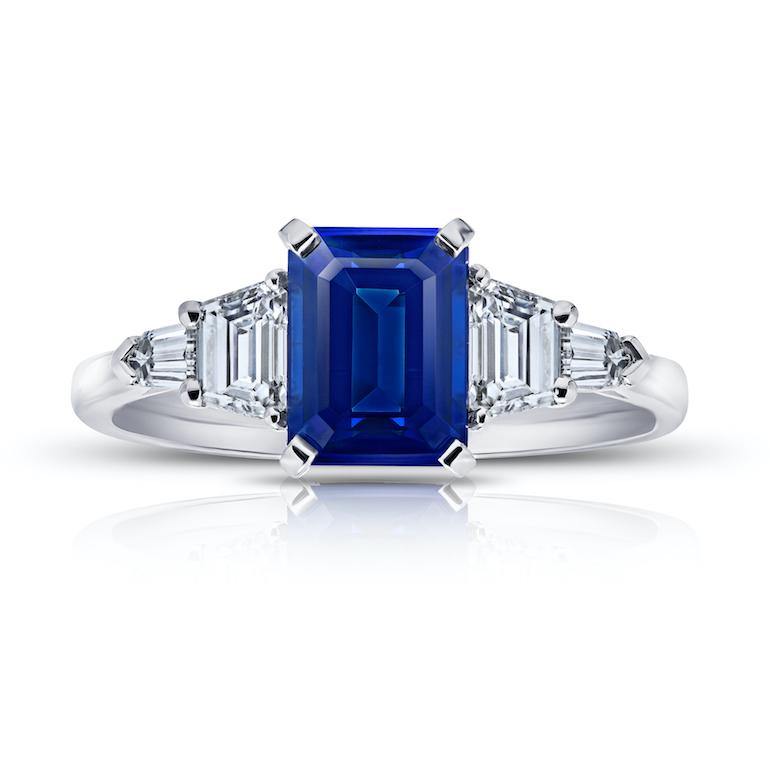 2.25 carat emerald cut (natural no heat) blue sapphire and Diamond Platinum ring