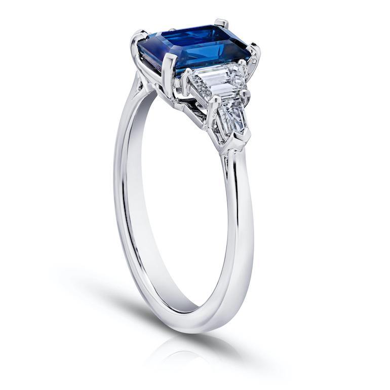 2.25 Carat Emerald Cut Blue Sapphire and Diamond Ring - David Gross Group