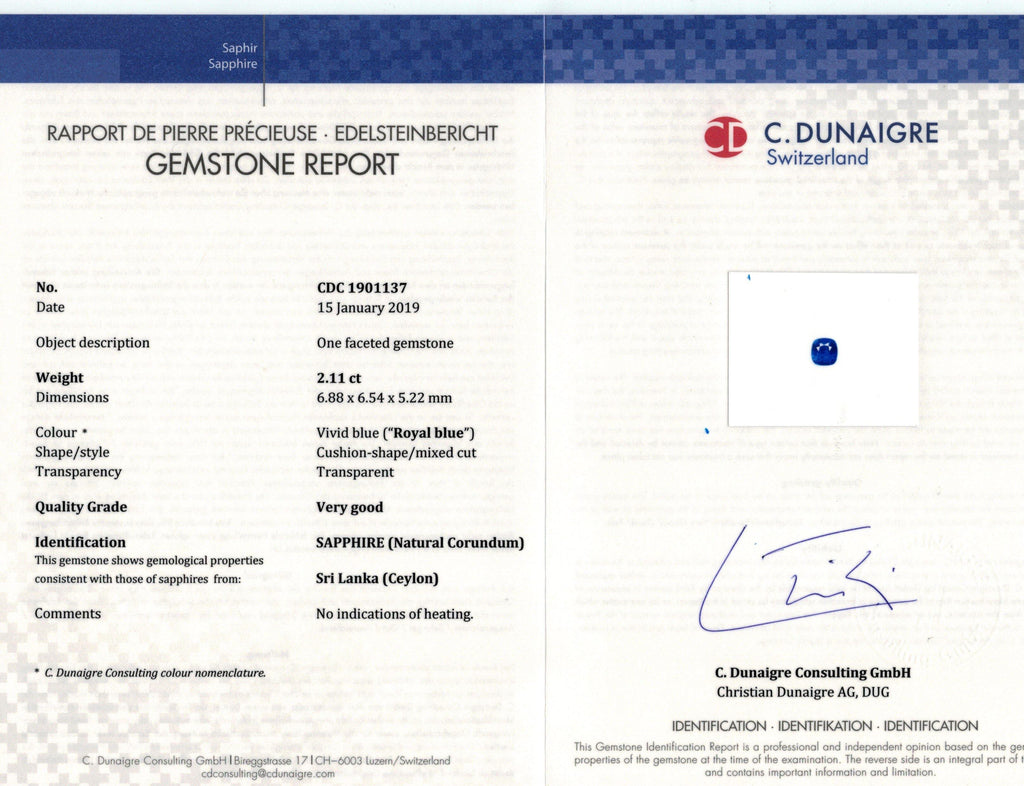 2.11 Carat Cushion Blue Sapphire and Diamond Ring - David Gross Group