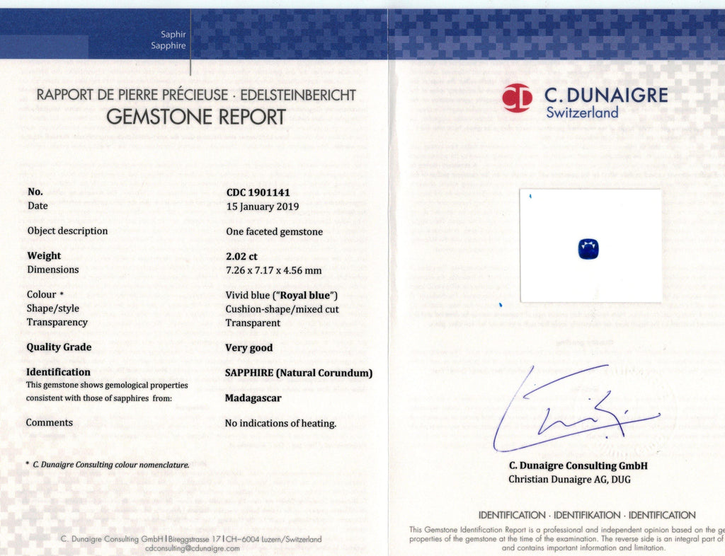 2.02 Carat Cushion Blue Sapphire and Diamond Ring - David Gross Group