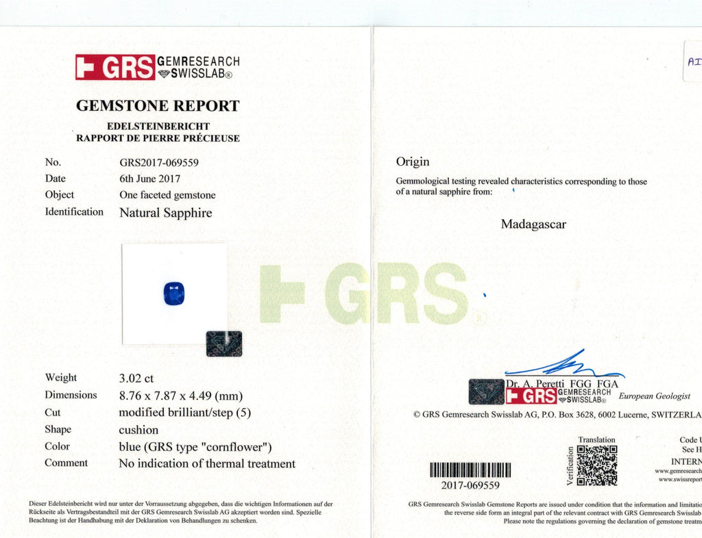 3.02 Carat Cushion Blue Sapphire and Diamond Ring - David Gross Group