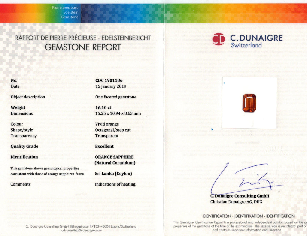 16.10 Carat Emerald Cut Orange Sapphire and Diamond Ring - David Gross Group