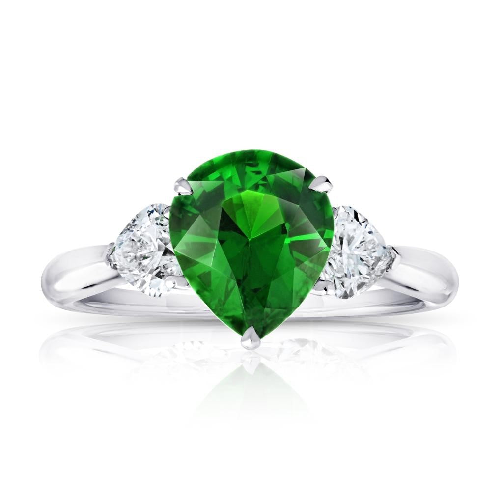 2.43 Carat Pear Shape Green Tsavorite and Diamond Platinum Ring