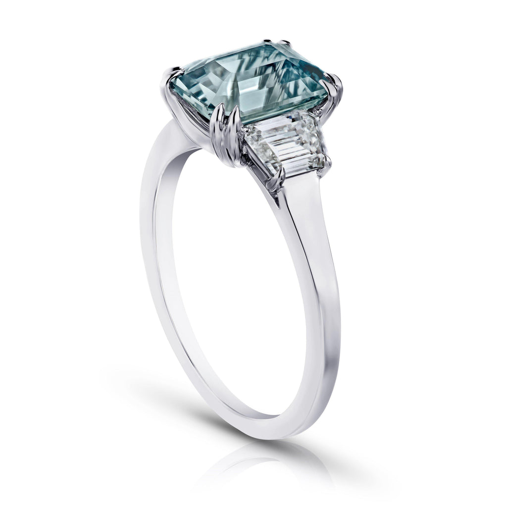 3.12 Carat Emerald Cut Bluish Green Sapphire and Diamond Ring - David Gross Group