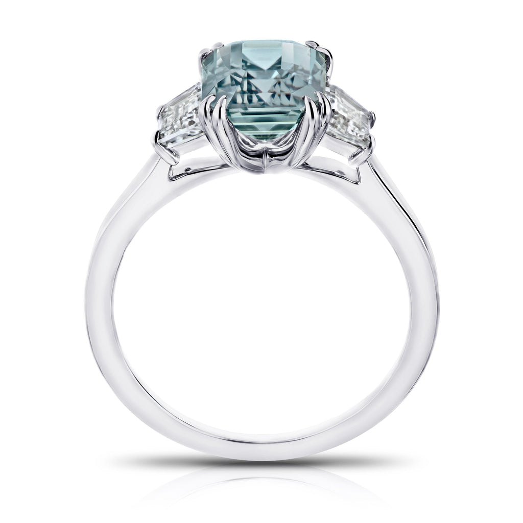 3.12 Carat Emerald Cut Bluish Green Sapphire and Diamond Ring - David Gross Group