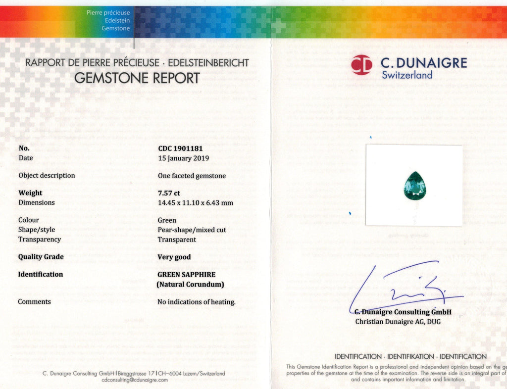 7.57 Carat Pear Shape Green Sapphire and Diamond Ring - David Gross Group