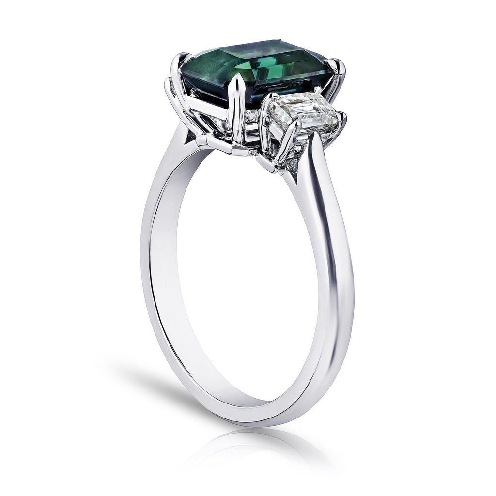 3.79 Carat Emerald Cut Green Sapphire and Diamond Ring - David Gross Group