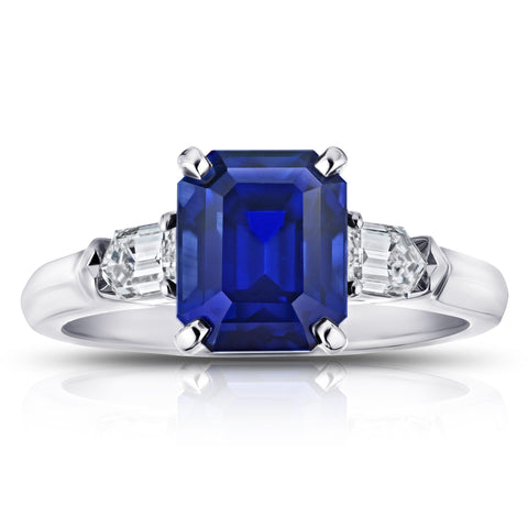 5.08 Carat Emerald Cut Blue Sapphire and Diamond Ring