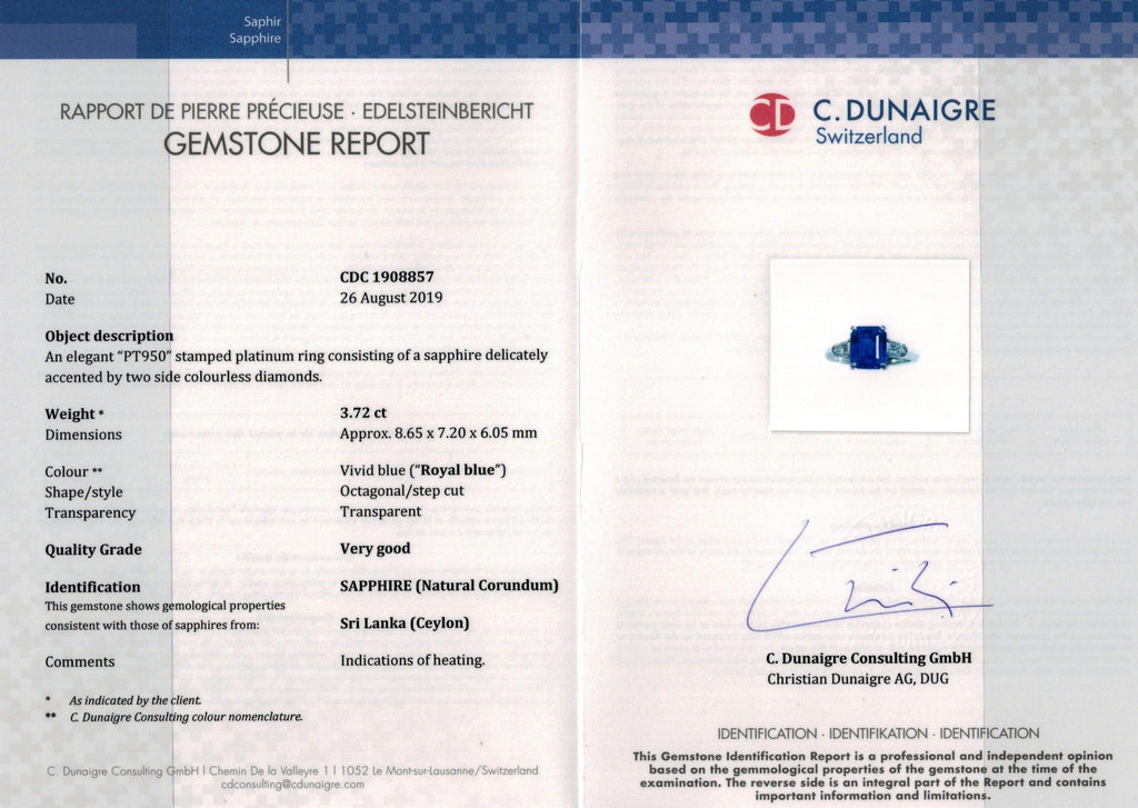 3.72 Carat Emerald Cut Blue Sapphire and Diamond Ring - David Gross Group