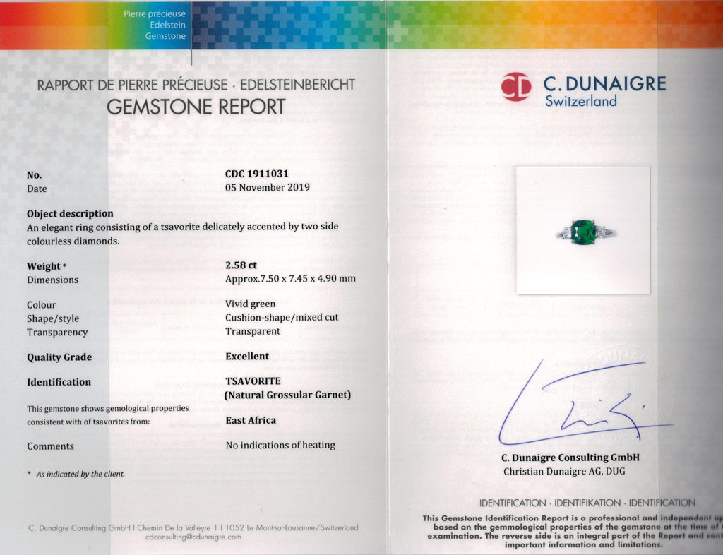 2.58 Carat Cushion Green Tsavorite and Diamond Ring - David Gross Group