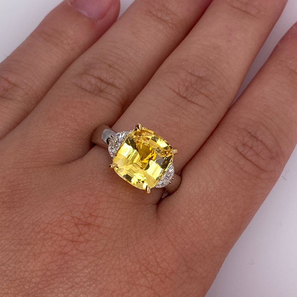 6.51 Carat Cushion Yellow Sapphire and Diamond Ring - David Gross Group