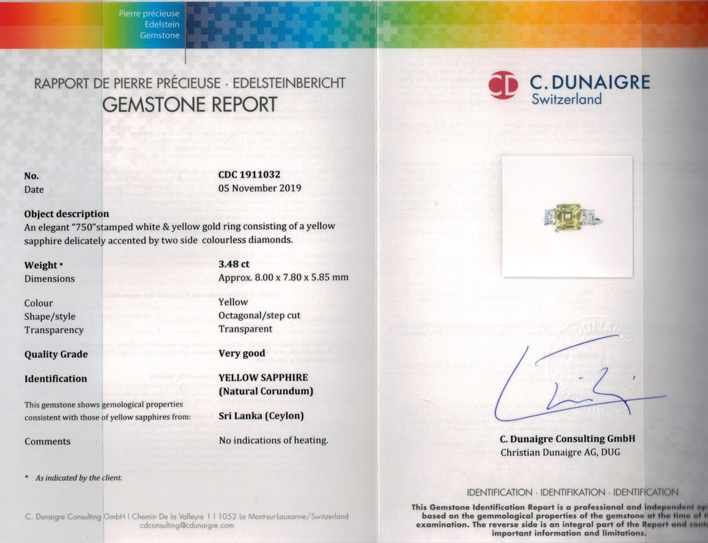 3.48 Carat Square Emerald Cut Yellow Sapphire and Diamond Ring - David Gross Group