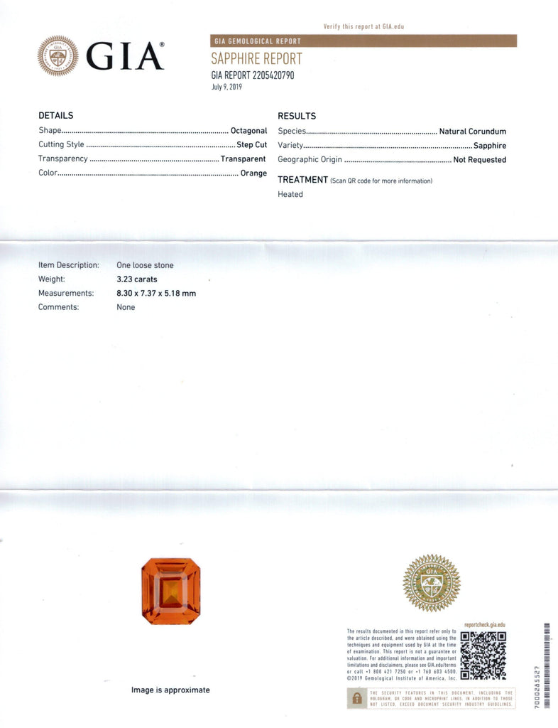 3.21 Carat Emerald Cut Orange Sapphire and Diamond Ring - David Gross Group