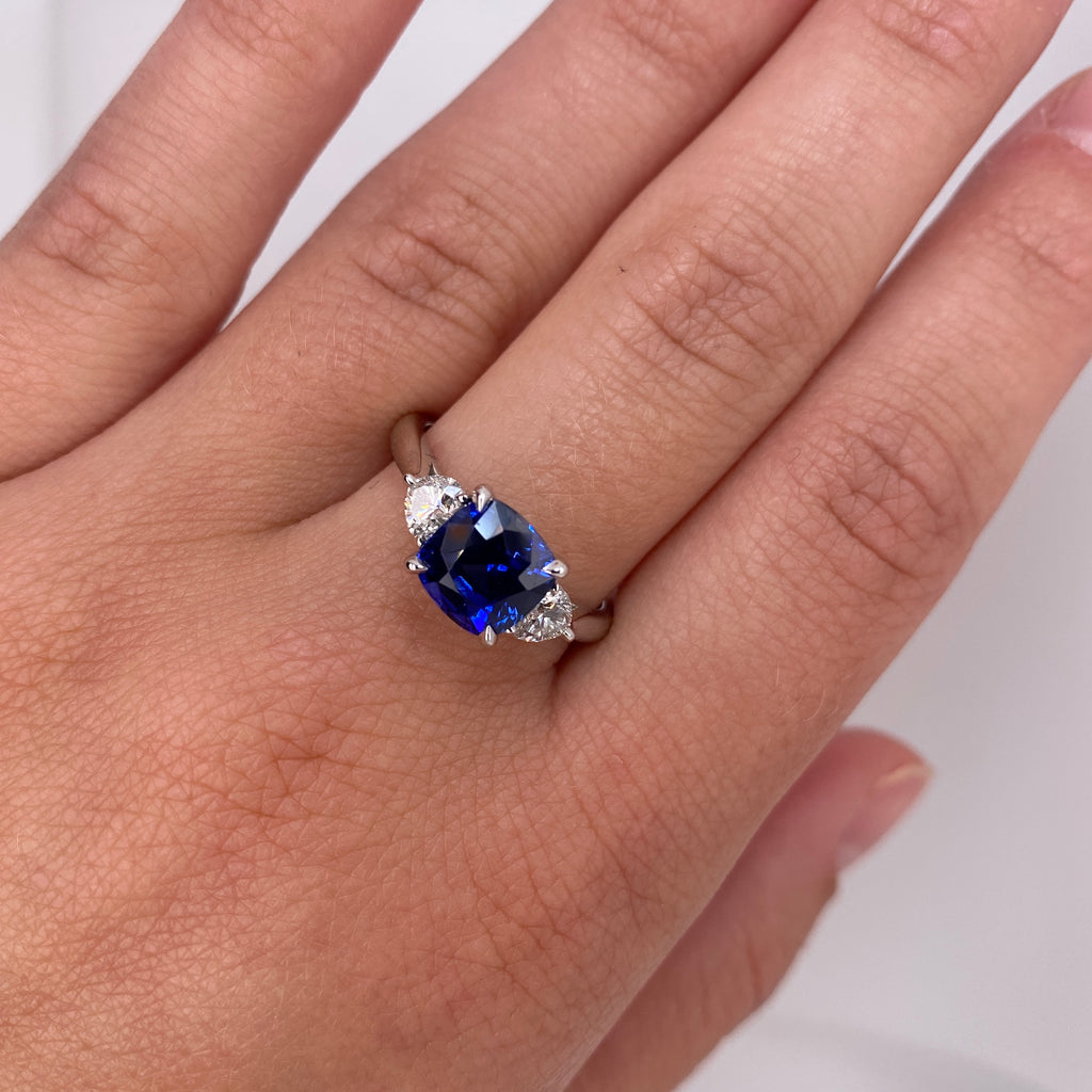 2.61 Carat Cushion Blue Sapphire and Diamond Ring - David Gross Group