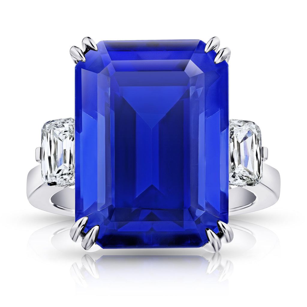 19.97 Carat Emerald Cut Blue Tanzanite and Diamond Ring