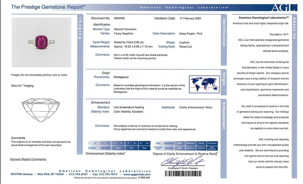 5.88 Carat Cushion Pinkish Red Sapphire and Diamond ring - David Gross Group