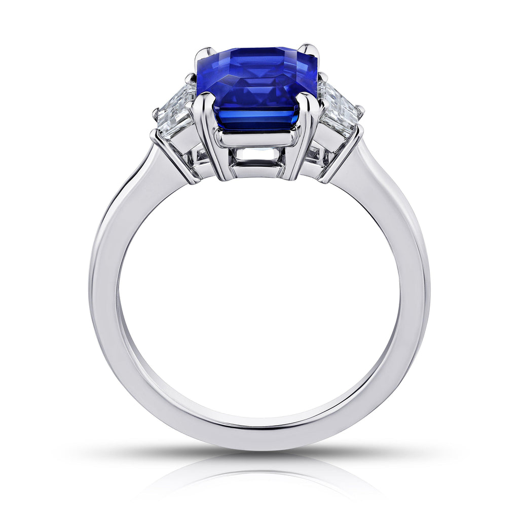 4.01 Carat Emerald Cut Blue Sapphire and Diamond Ring - David Gross Group