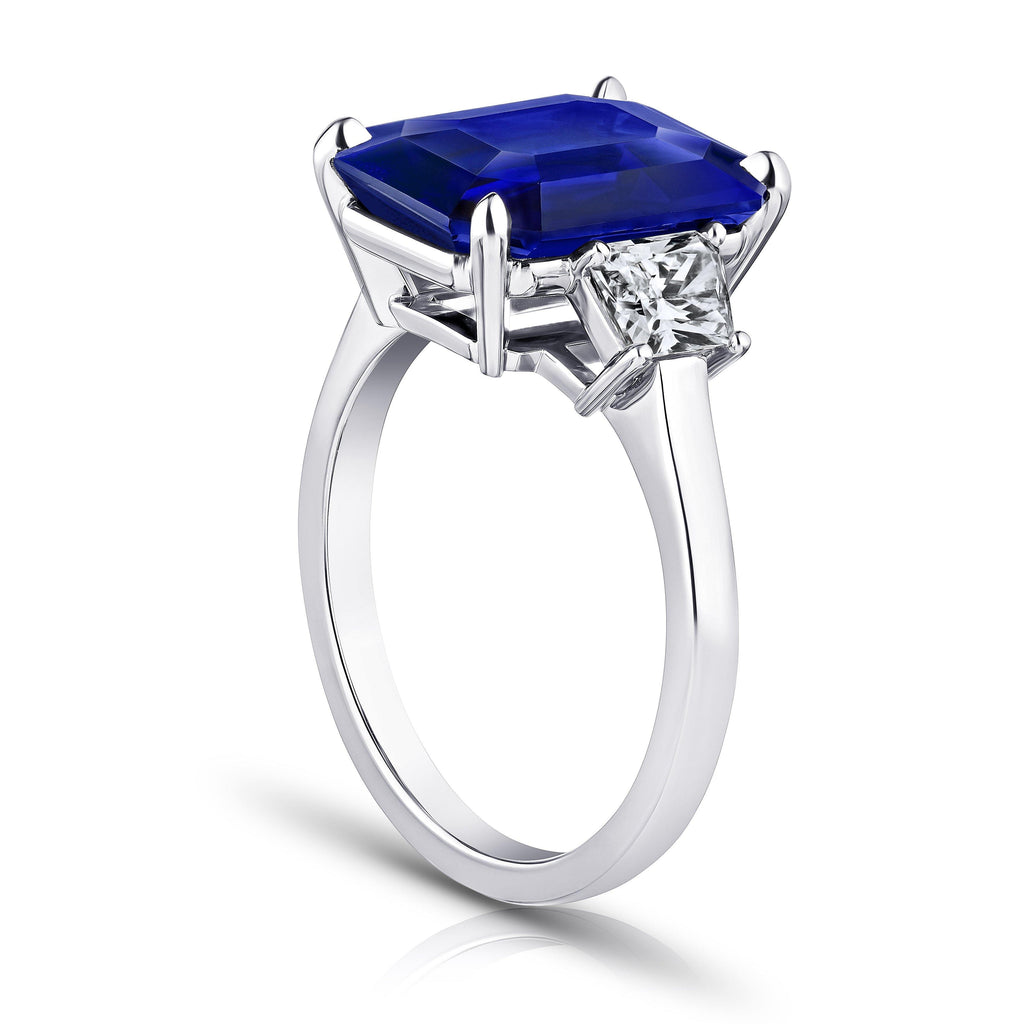 7.30 Carat Emerald Cut Blue Sapphire and Diamond Ring - David Gross Group