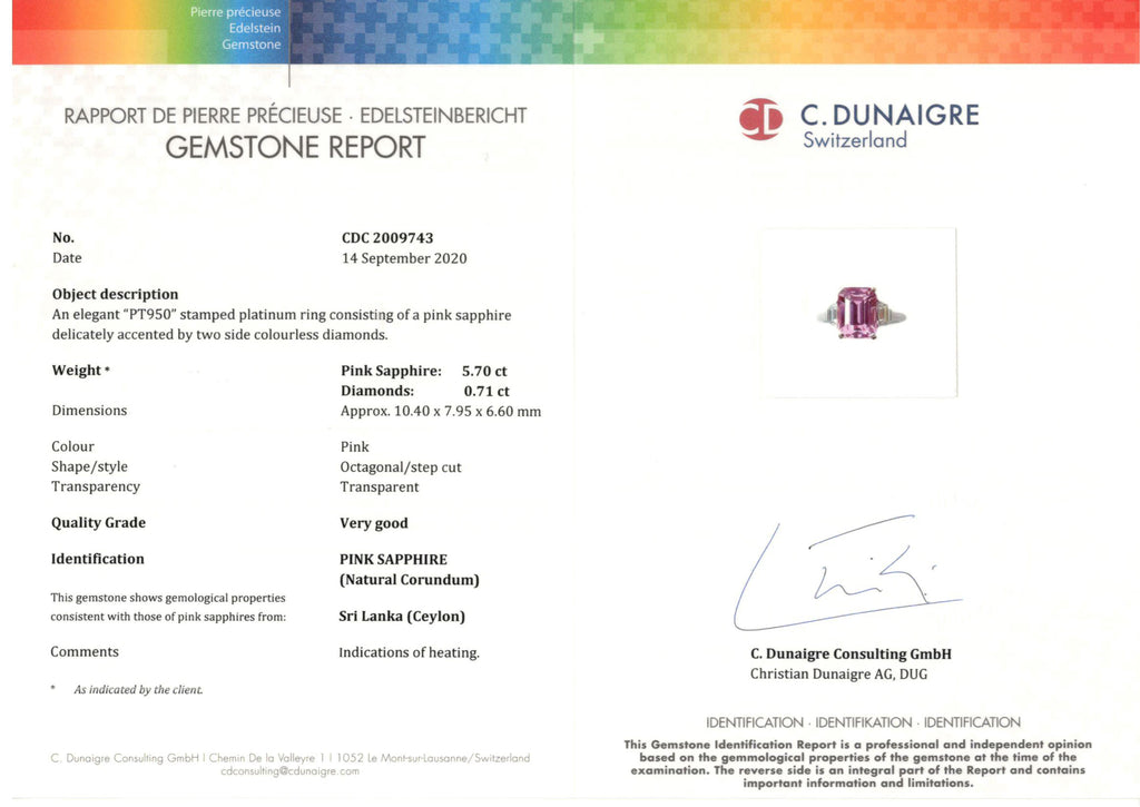 5.70 Carat Emerald Cut Pink Sapphire and Diamond Ring - David Gross Group