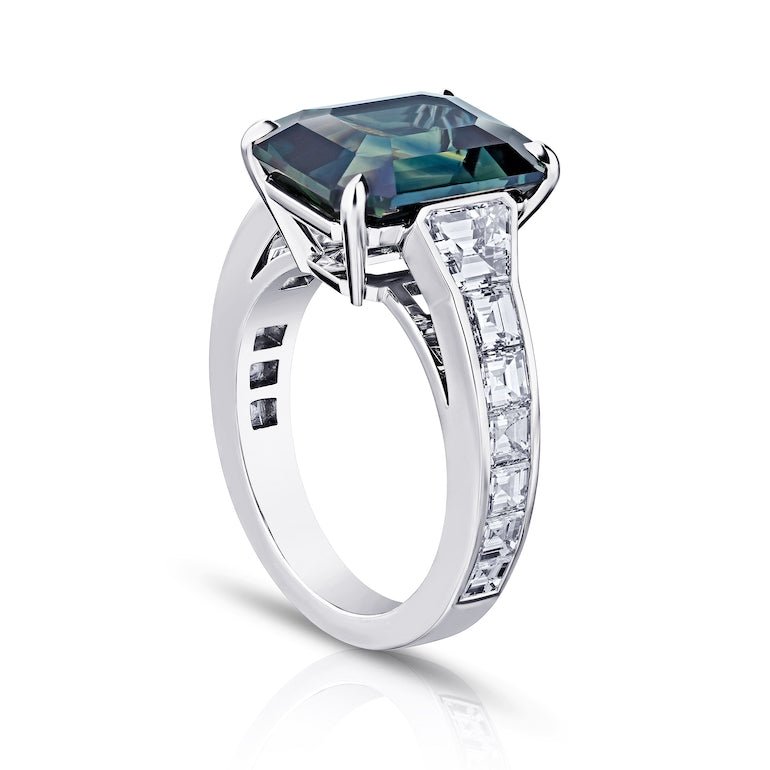 8.61 carat Emerald Cut Green Sapphire and diamond platinum ring - David Gross Group