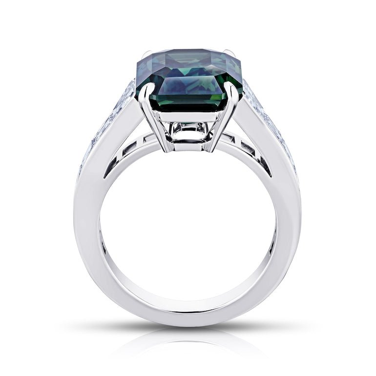 8.61 carat Emerald Cut Green Sapphire and diamond platinum ring - David Gross Group