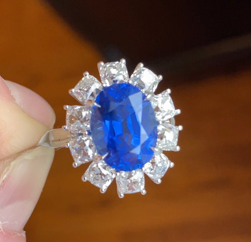 7.43 carat Oval Blue Sapphire and Diamond Platinum Ring - David Gross Group