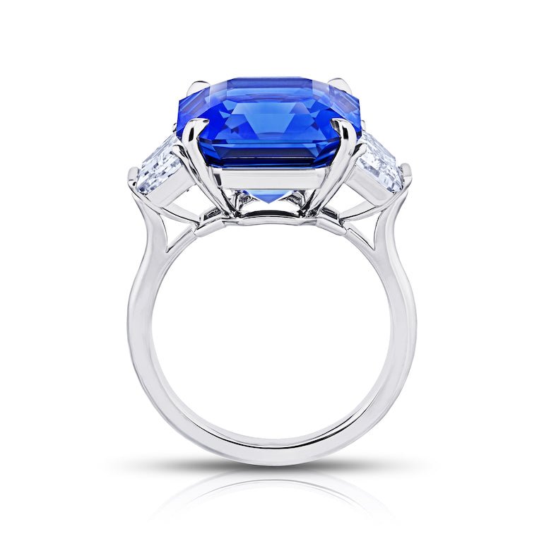 13.17 carat Asscher cut blue sapphire and diamond platinum ring - David Gross Group