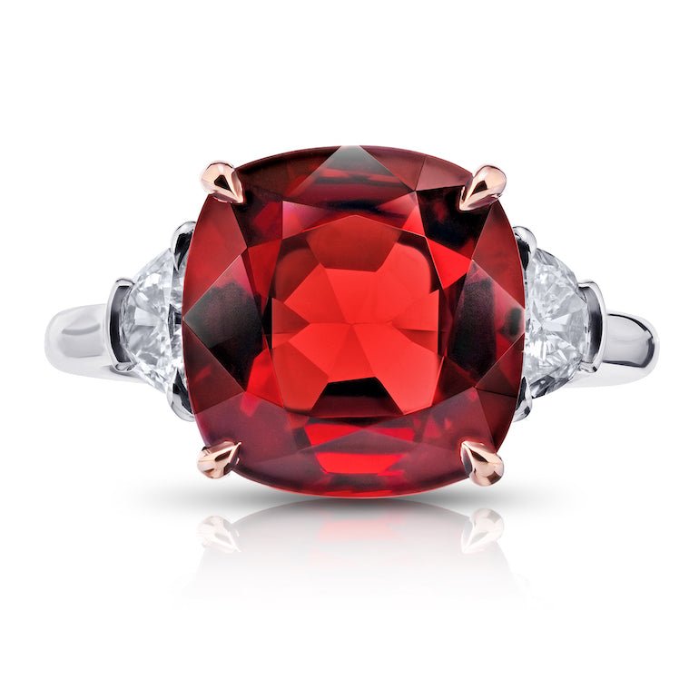 5.86 carat Cushion Red Spinel with two Half Moon Diamonds in a platinum and 18k rose gold ring