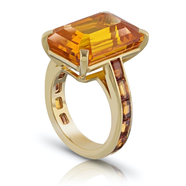 21.05 carat Emerald Orange Sapphire and Platinum Ring - David Gross Group