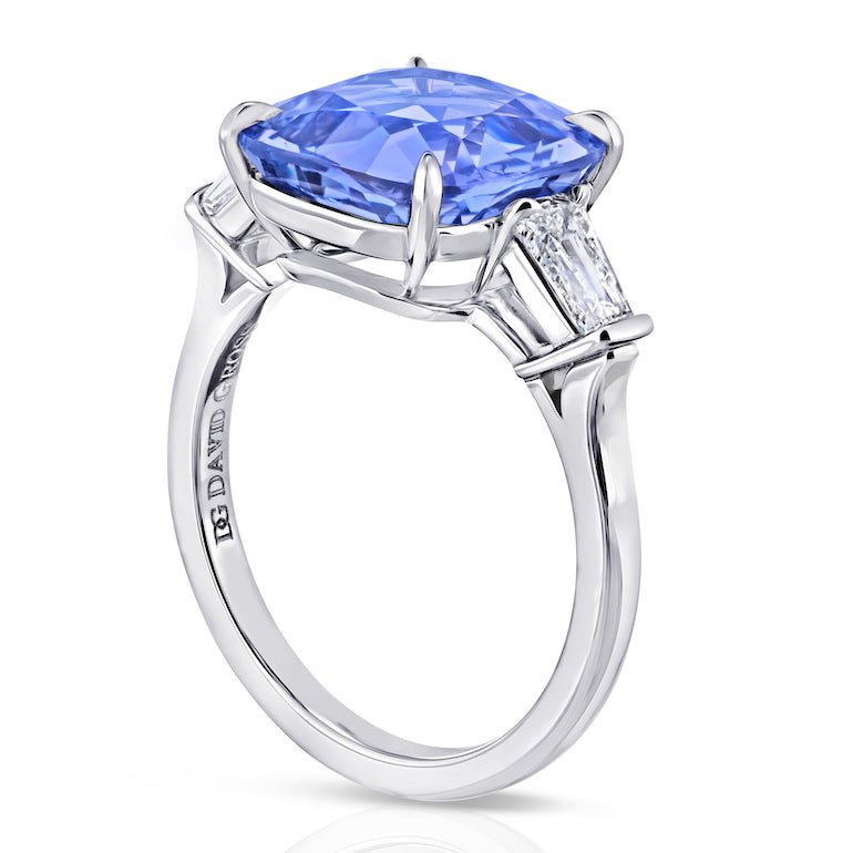 6.74 carat Cushion Blue Sapphire and Diamond Platinum Ring - David Gross Group