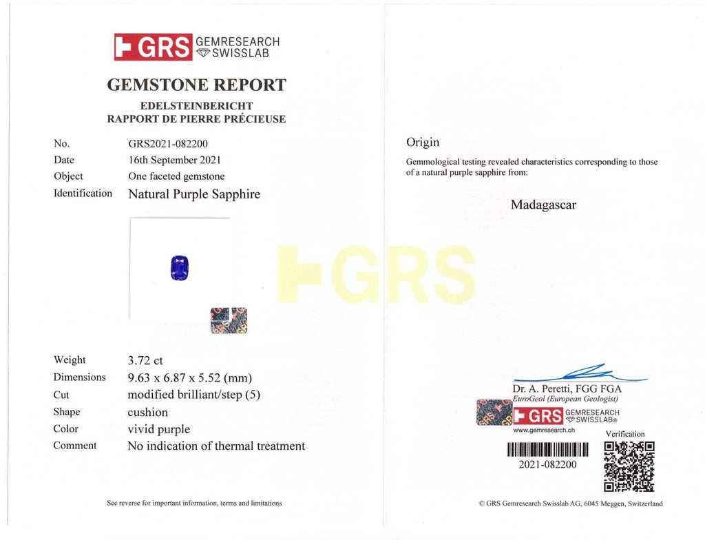 3.72 Carat Cushion Purple Sapphire and Diamond Platinum Ring - David Gross Group