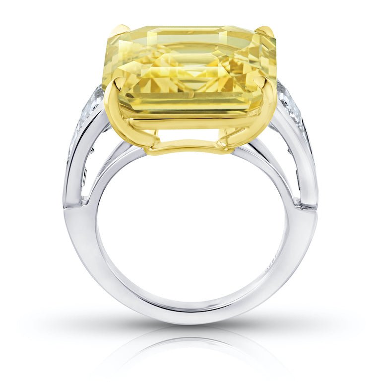 20.41 carat Asscher Yellow Sapphire and Diamond Platinum Ring - David Gross Group