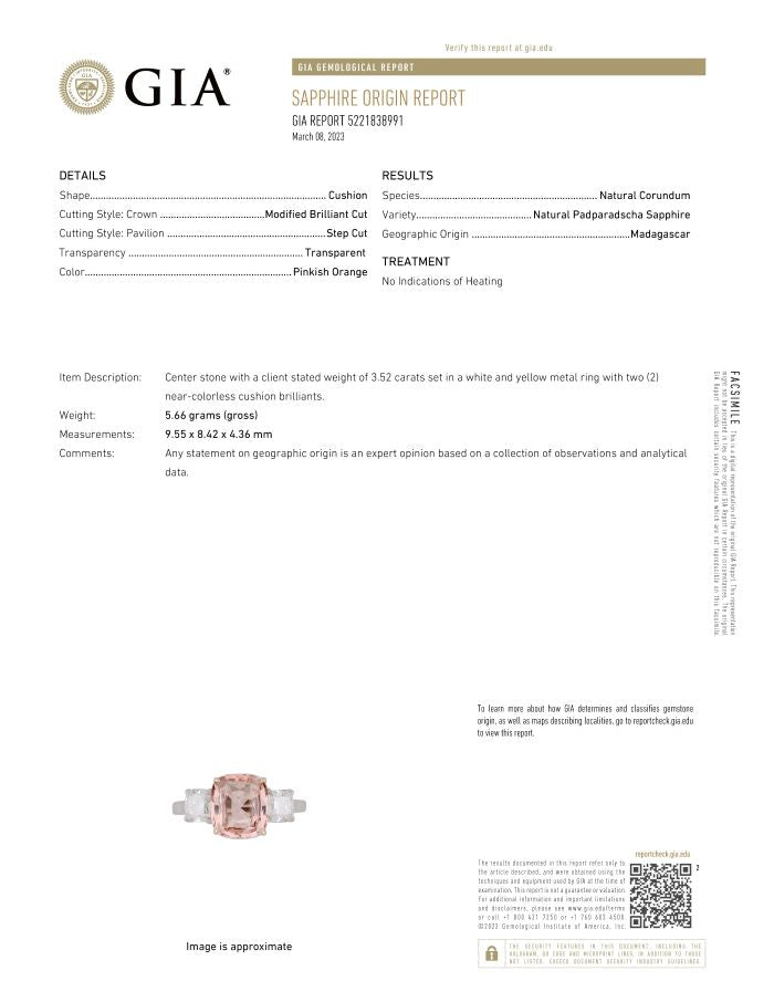 3.52 carat Cushion Padparadscha and Diamond Platinum Ring - David Gross Group