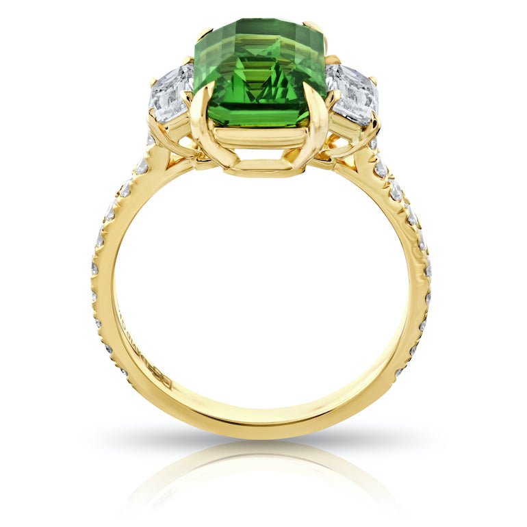 4.02 carat Emerald Cut Green Tsavorite and Diamond 18K YG Ring - David Gross Group