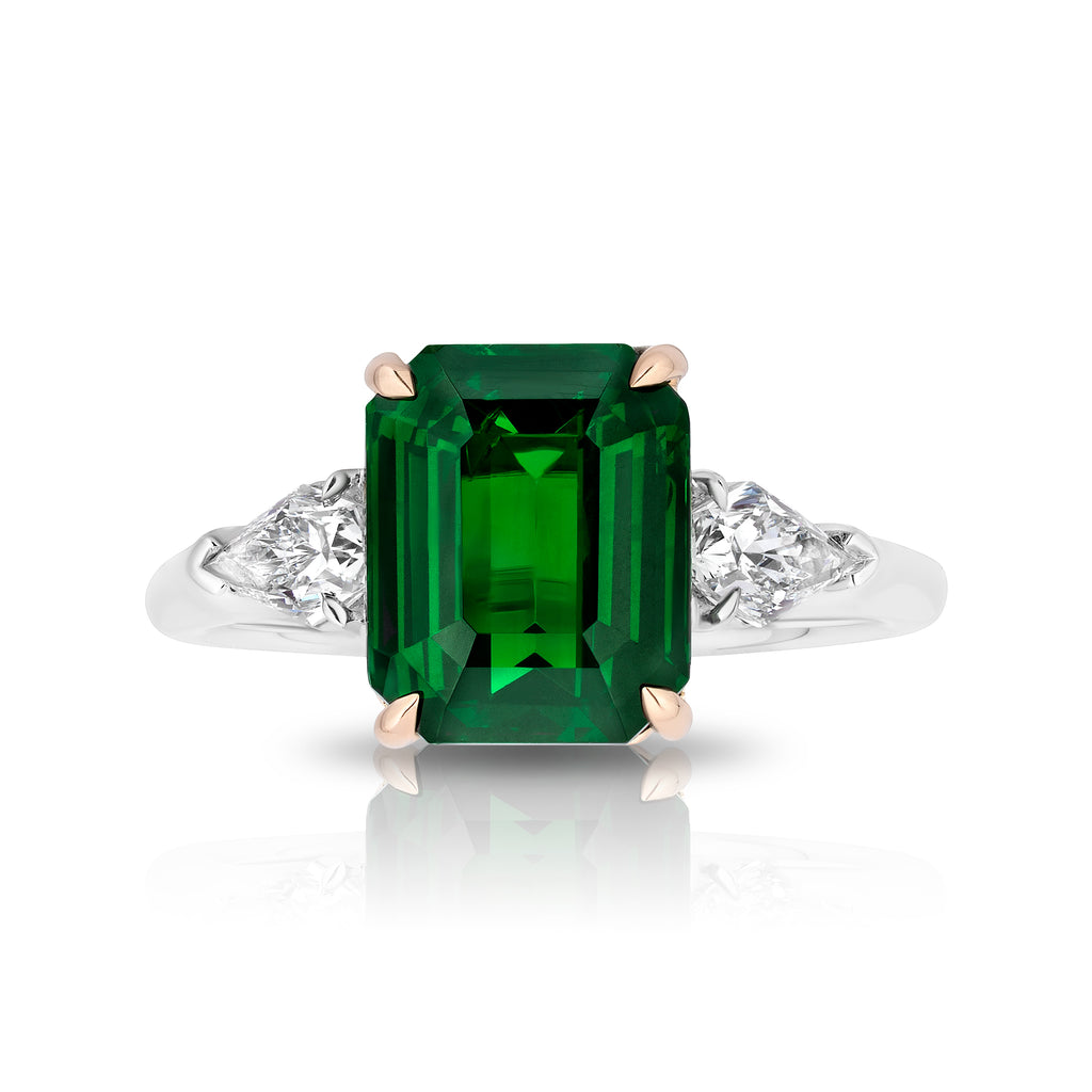 4.04 Carat Emerald Cut Green Tsavorite and Diamond Platinum Ring