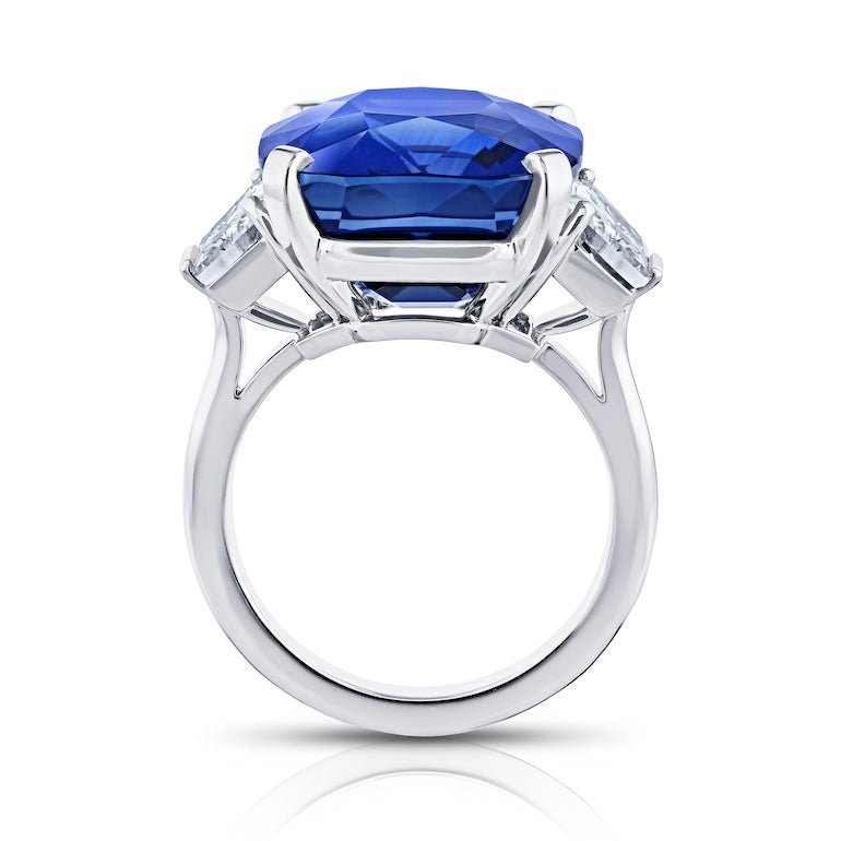 20.26 carat Cushion Blue Sapphire and Diamond Platinum Ring - David Gross Group
