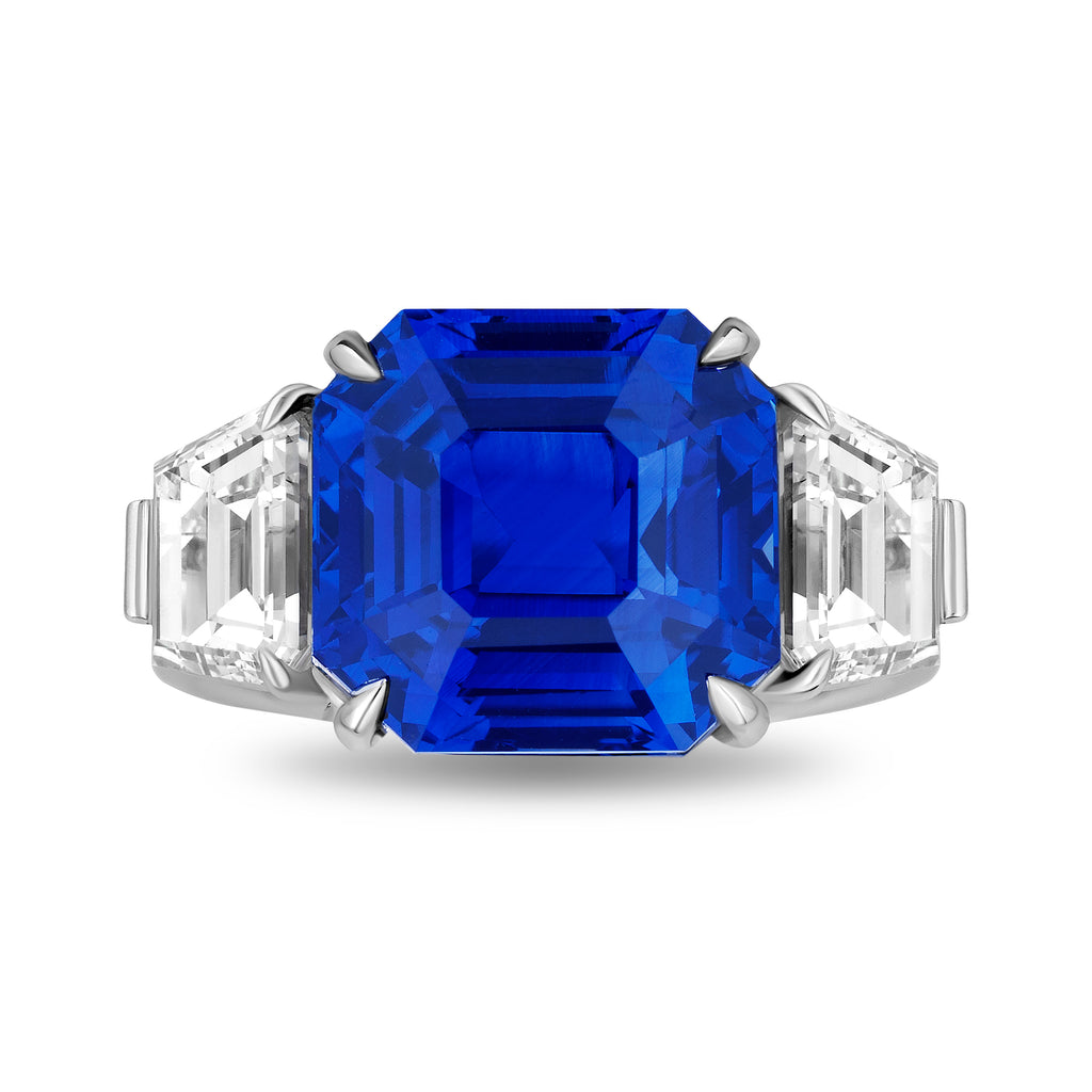 11.08 Carat Square Emerald Blue Sapphire and Diamond Platinum Ring