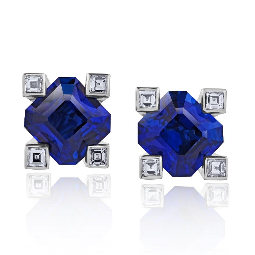 3.90 carat Asscher Blue Sapphire and Diamond Earrings