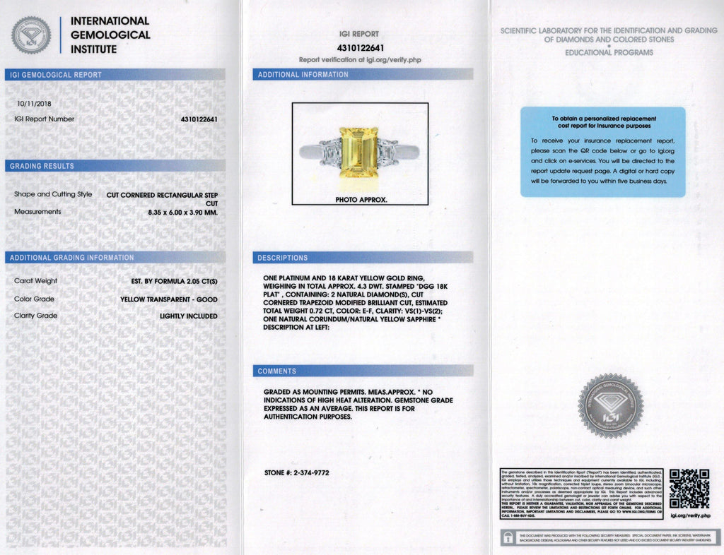 2.05 Carat Emerald Cut Yellow Sapphire and Diamond Ring - David Gross Group